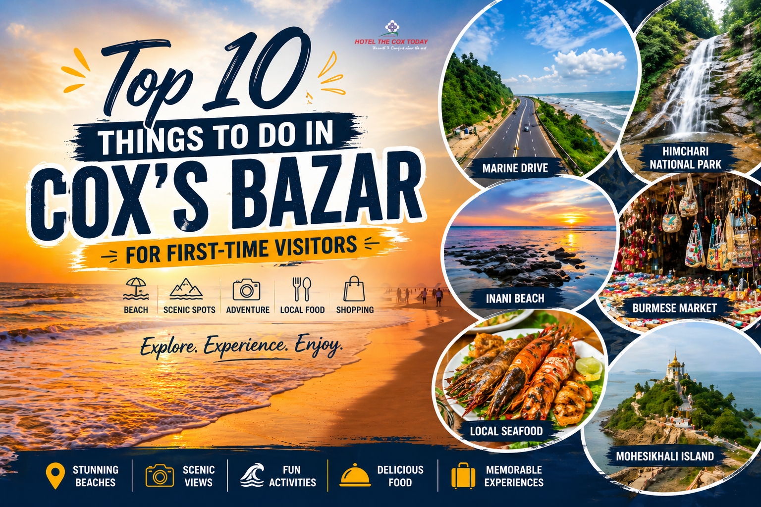 Top attractions and activities in Cox’s Bazar for first-time visitors including beach, marine drive, and scenic viewpoints