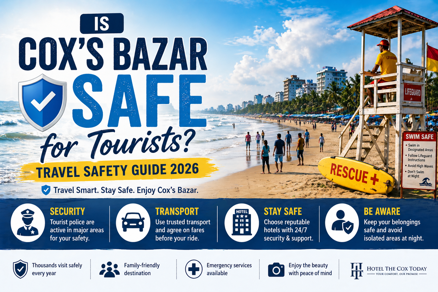 Cox’s Bazar travel safety guide showing secure beach environment with tourists and safety tips for visitors