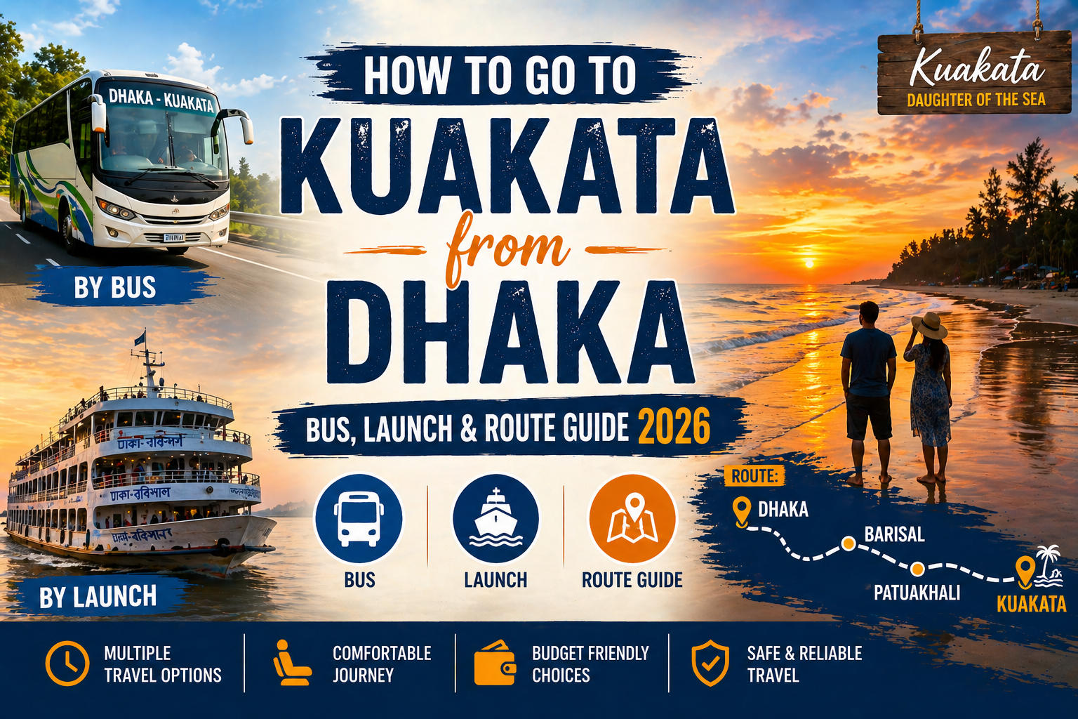 Transportation guide from Dhaka to Kuakata showing bus, launch, and travel routes with scenic coastal destination